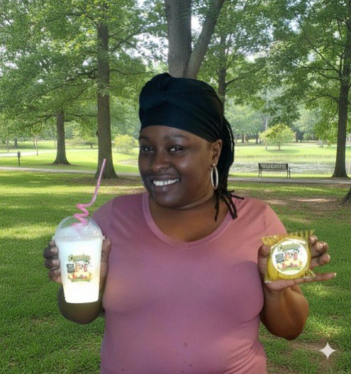 Family member holding Legendary Lemonades in a park