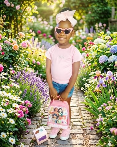 One of the sisters smiling in a flower garden