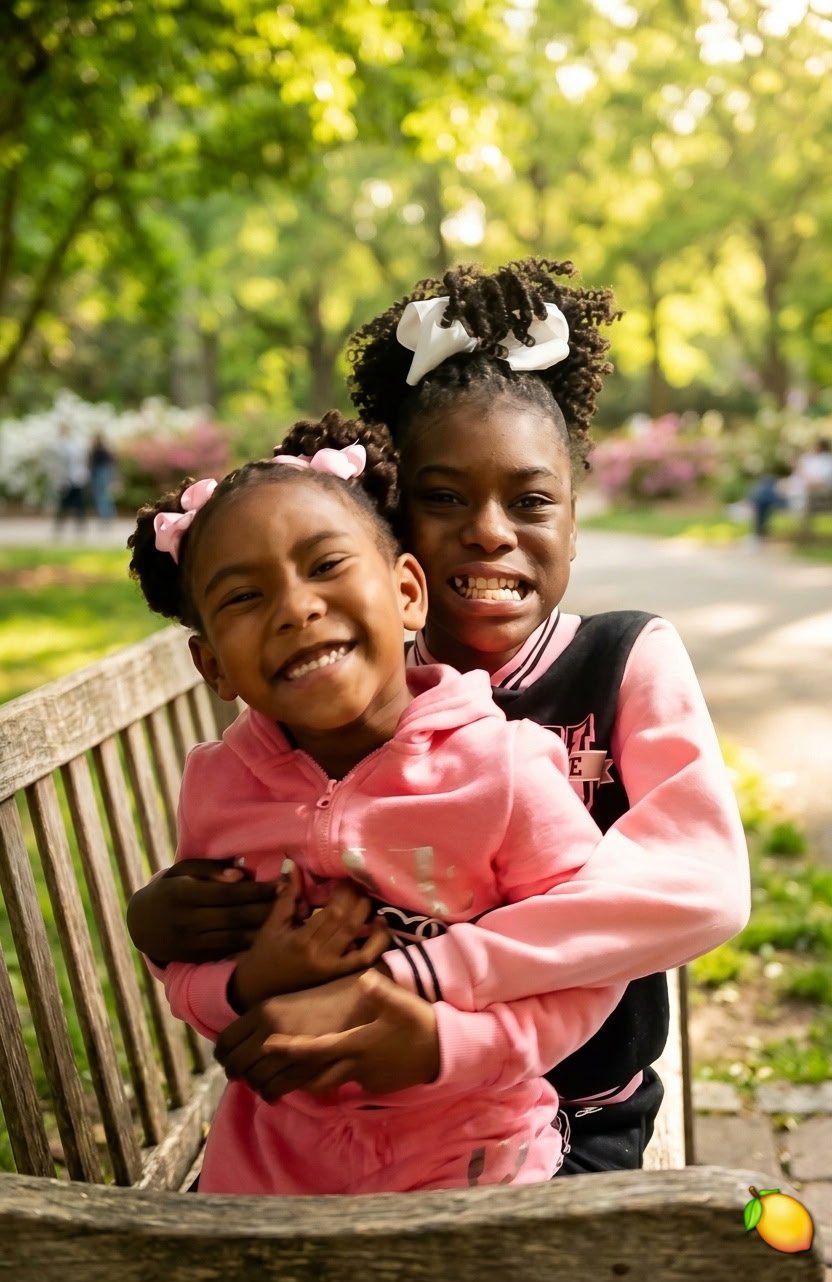 Legend and Grace hugging on a park bench